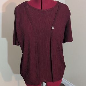 Diamonds | Vintage Women's Burgundy Texture Striped Top With Attached Cardigan